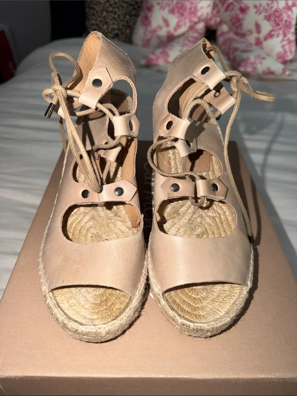 Carmen Saiz Nude Lace-Up Espadrille Wedge Sandals